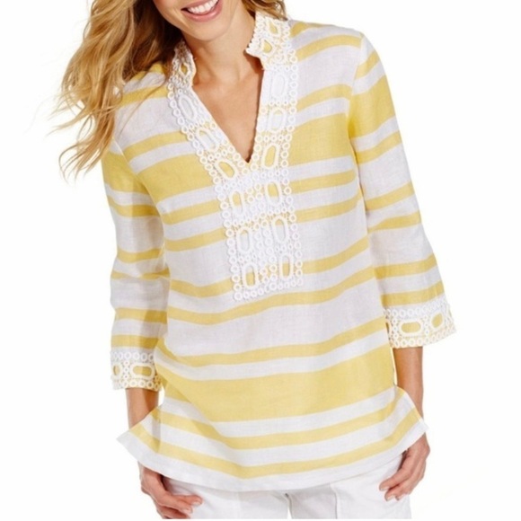 Charter Club NWT 100% Linen Tunic Top Yellow White Stripe Lace Trim V Neck Sz 2X - Picture 1 of 12